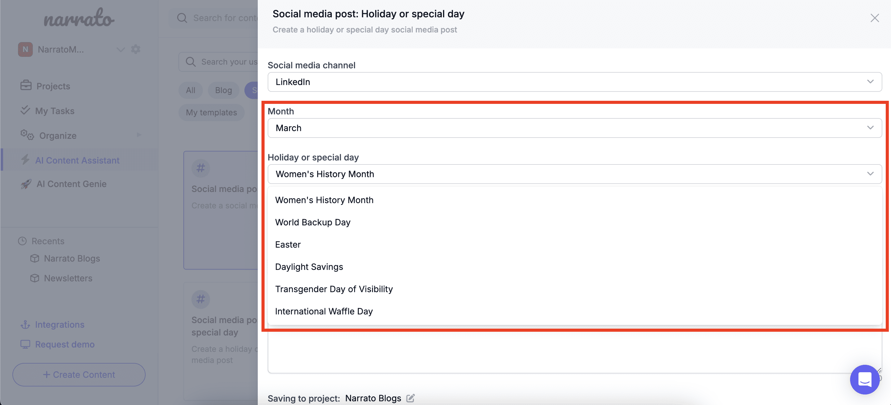 AI social media holiday posts generator  template on Narrato
