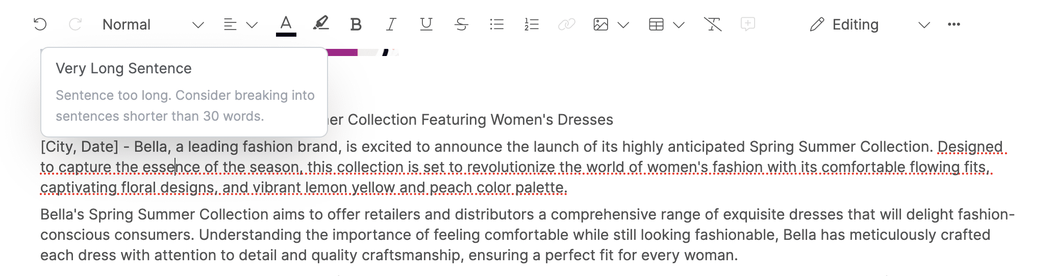 Readability issue highlighted on Narrato's content editor