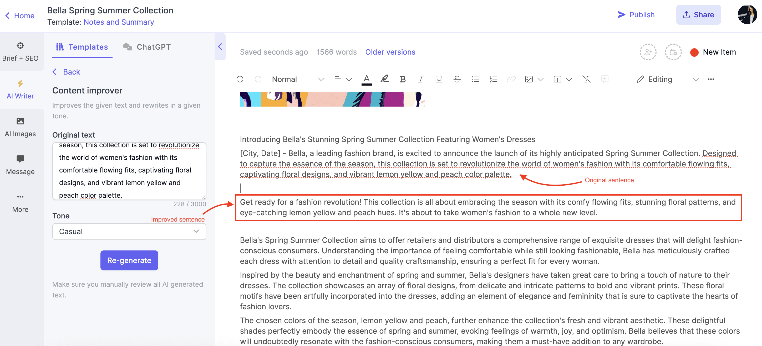 Using Narrato's Content Improver AI template to refine the press release draft