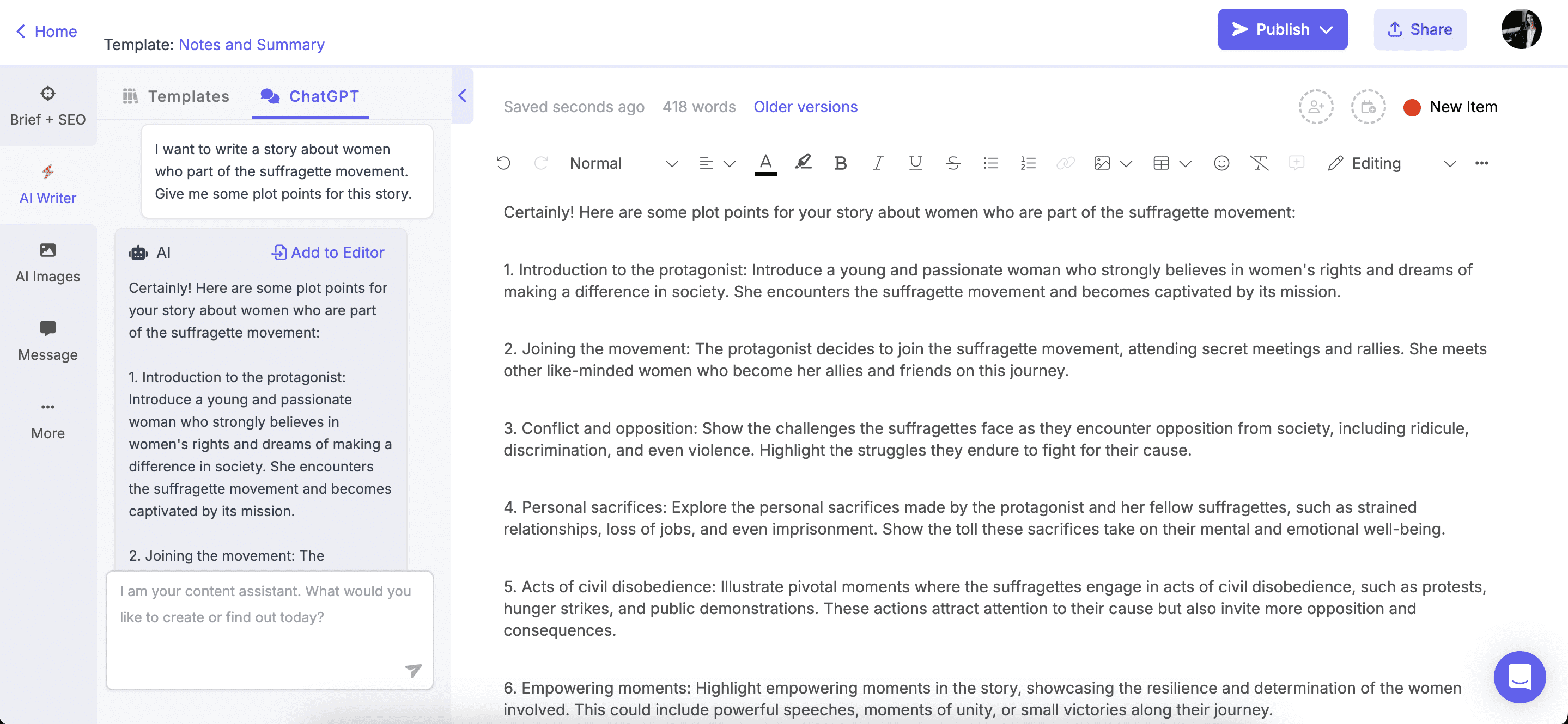 ChatGPT prompts for writing story plot points