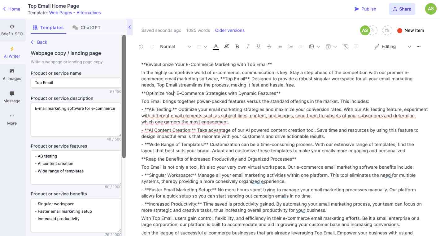 AI copywriter for eCommerce website copy
