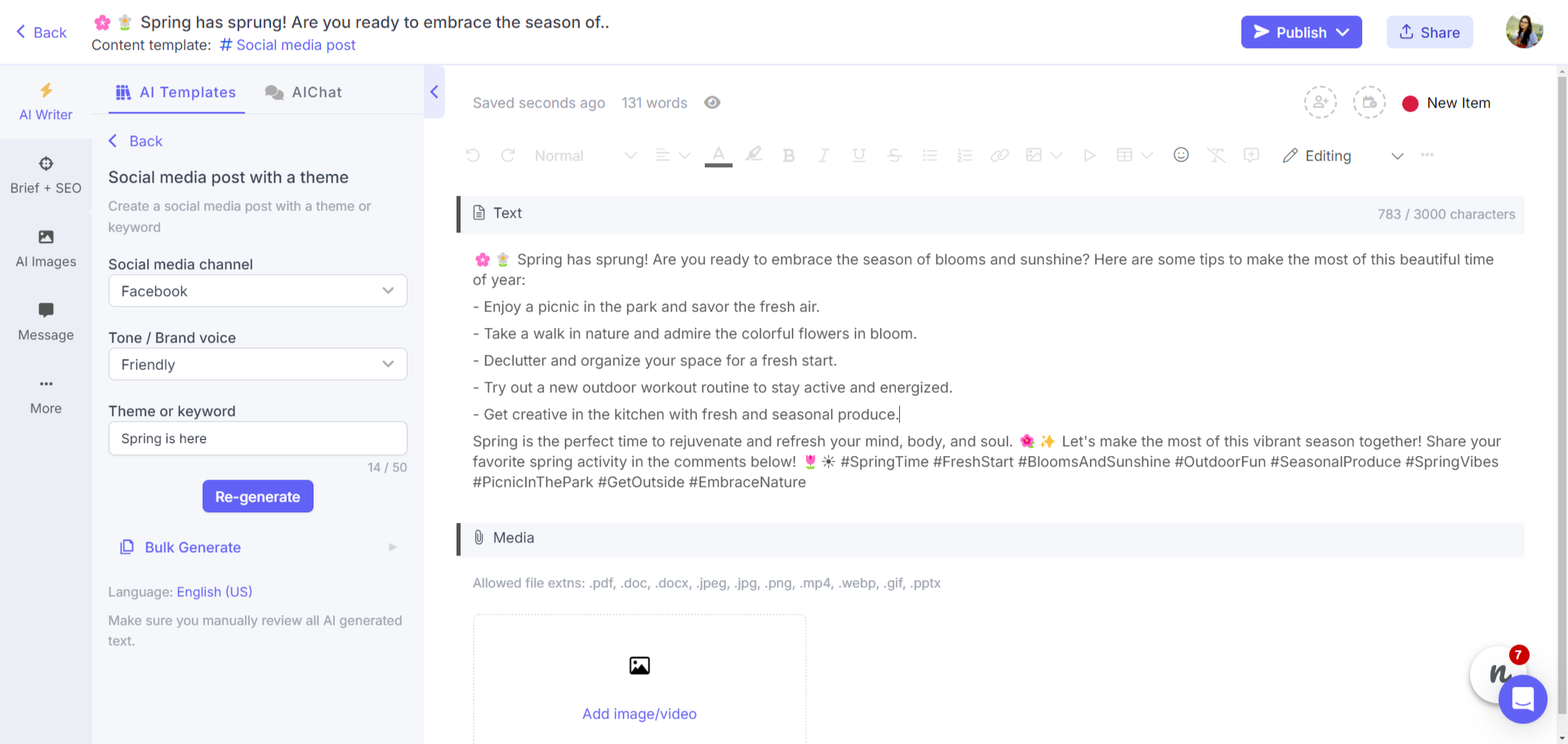 Marketing content generated by AI writing assistant
