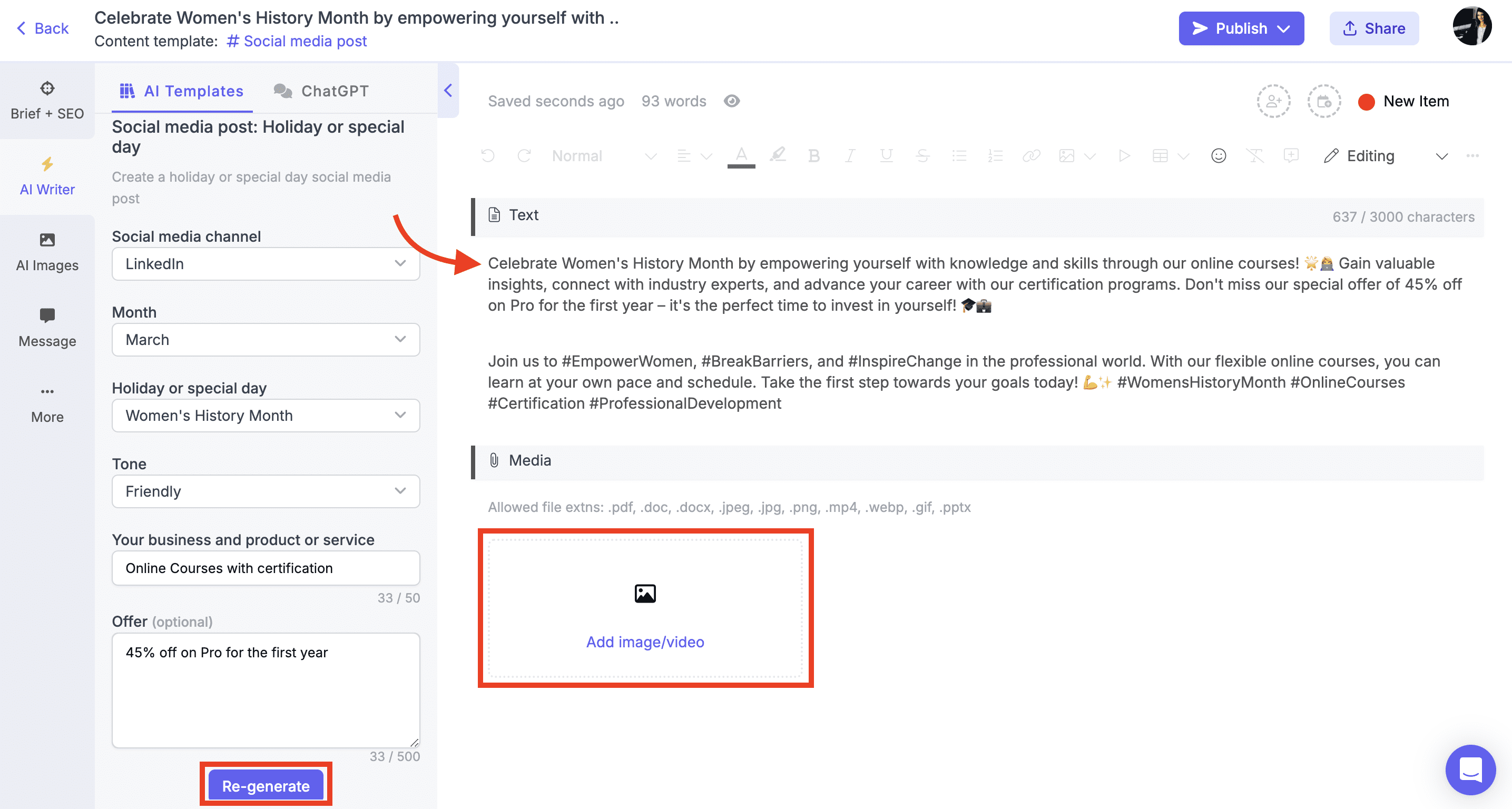 Narrato AI social media holiday post generator