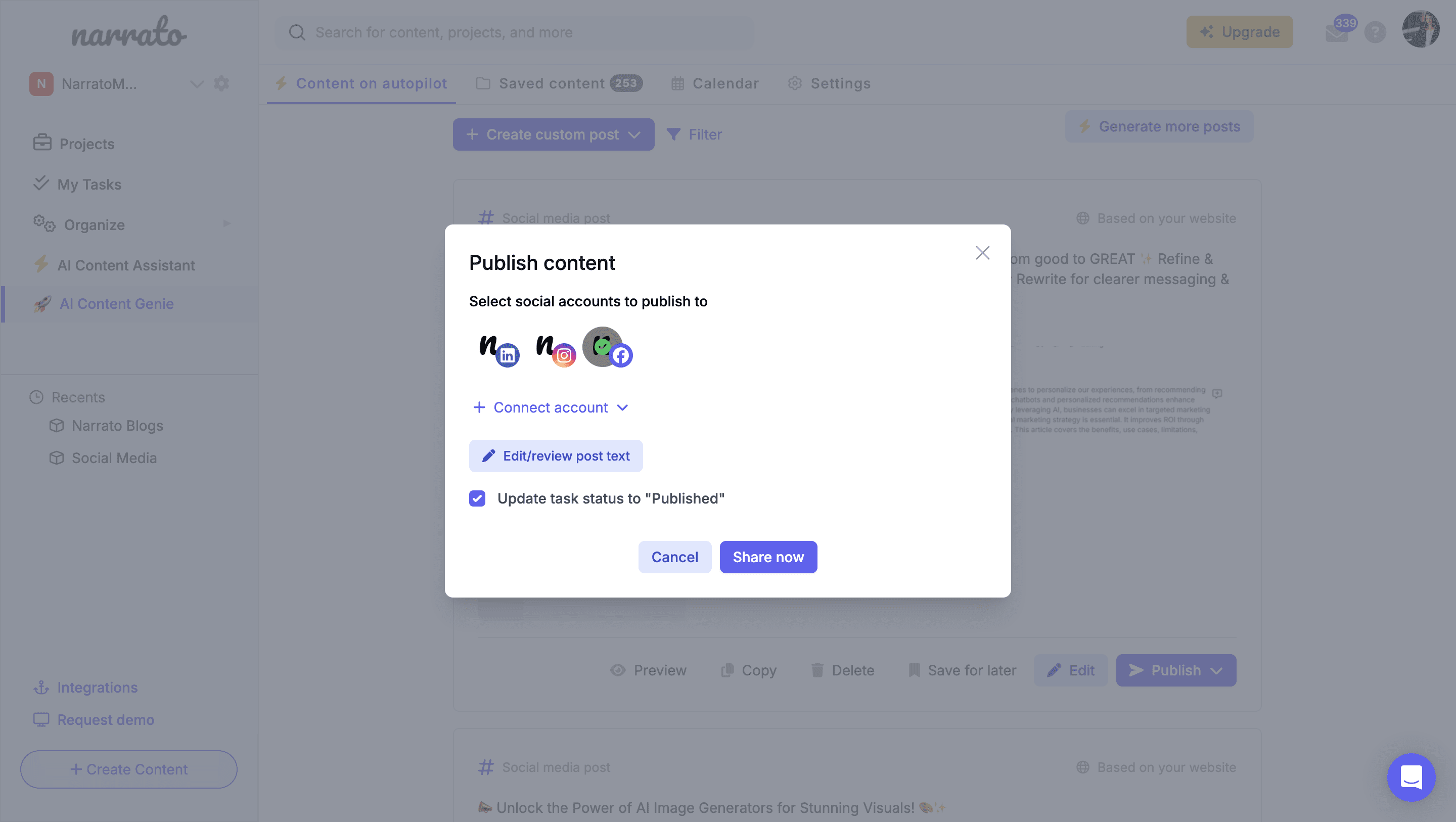 Publish the Facebook post from AI Content Genie