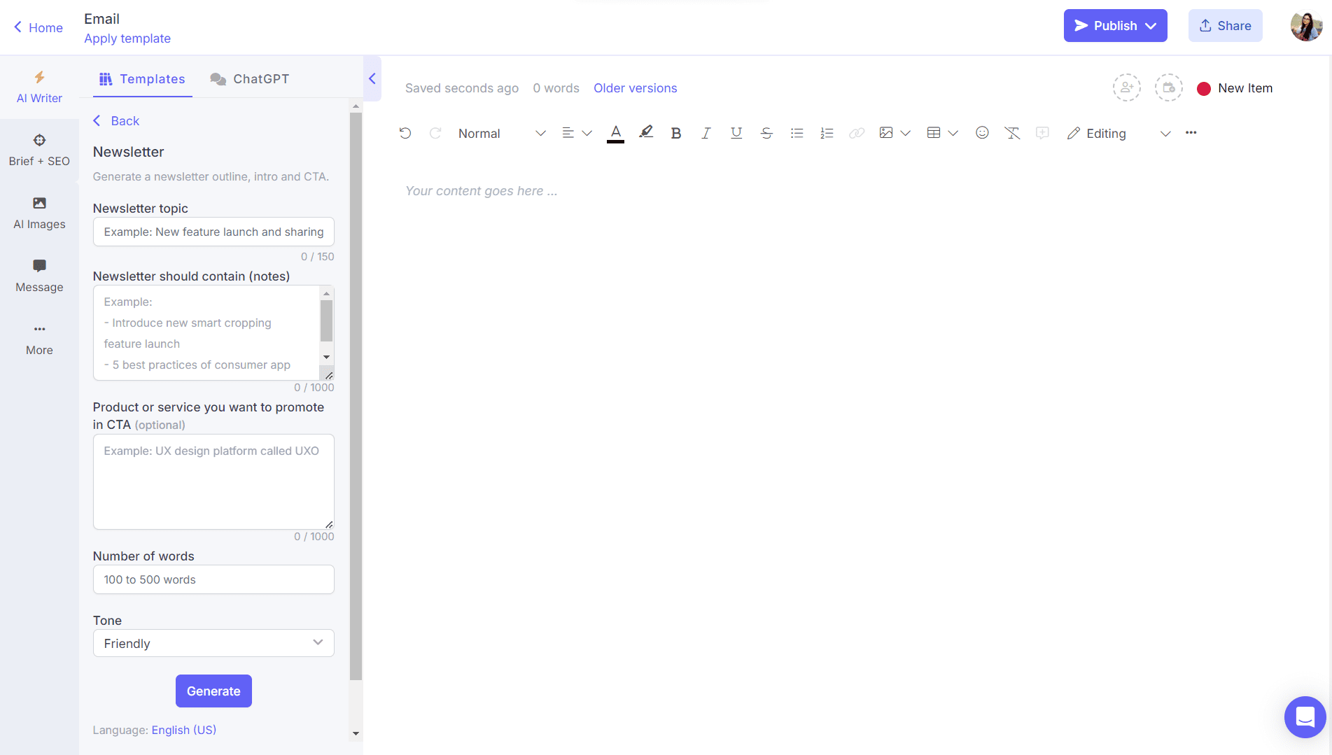 AI newsletter generator on Narrato