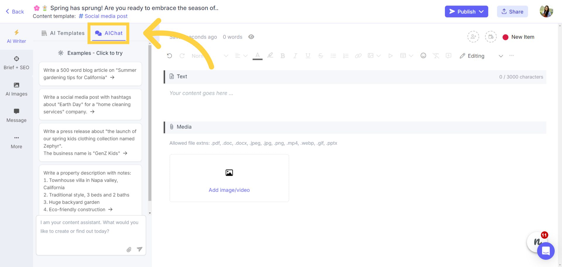 Opening the AI chat tool on Narrato