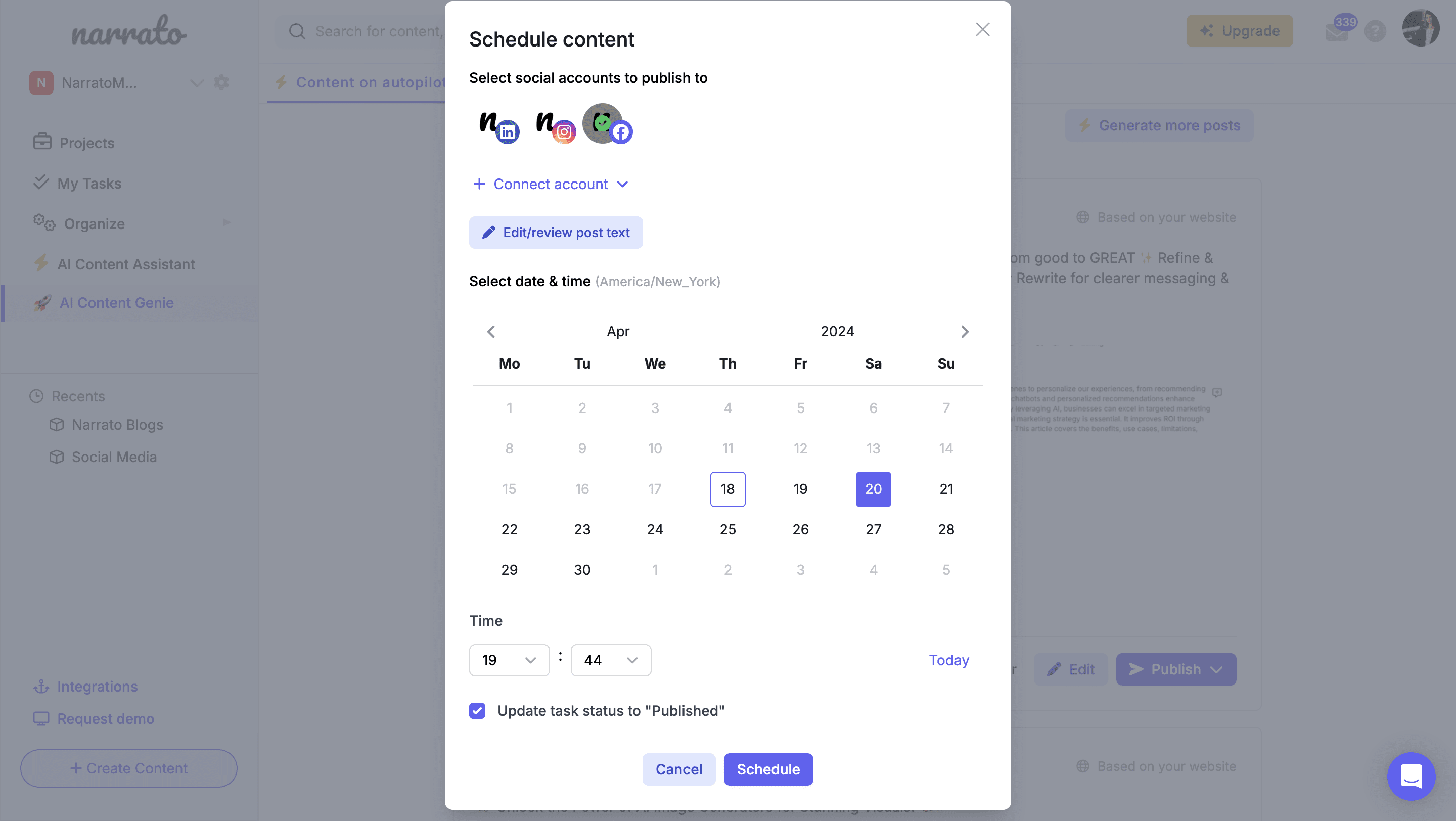 Schedule the content for publishing on Facebook