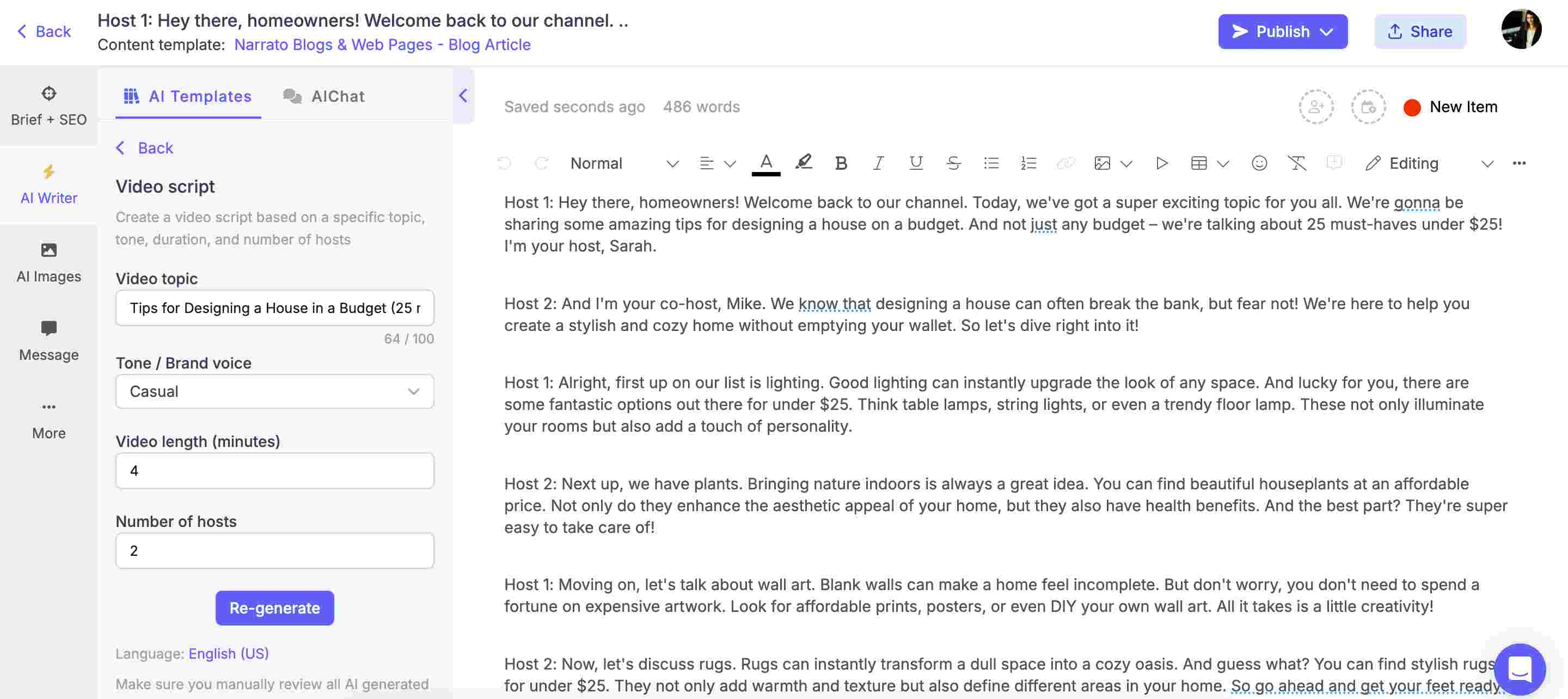 Narrato AI video script generator