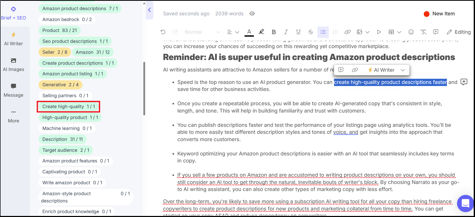 Adjust content to add more keywords as seen on Narrato