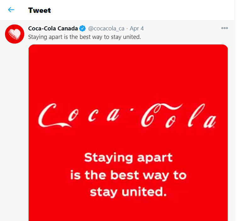 Image is an ad posted on Coca Cola Canada’s Twitter page encouraging social distancing during Covid-19