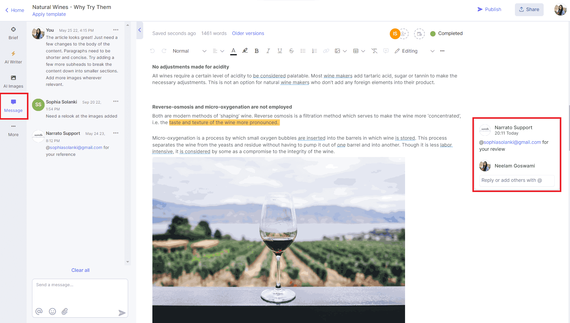 Content collaboration with messages on Narrato