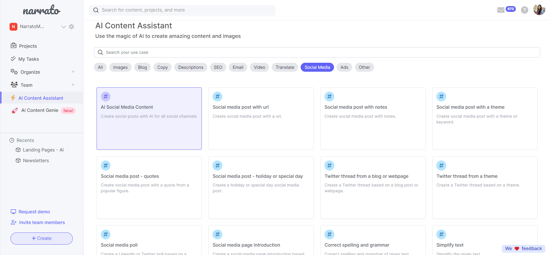 AI social media post generator on Narrato