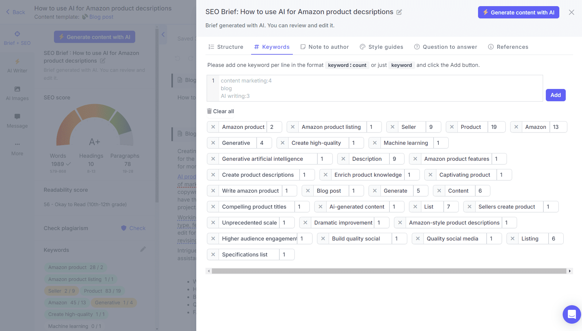AI-generated SEO brief on Narrato