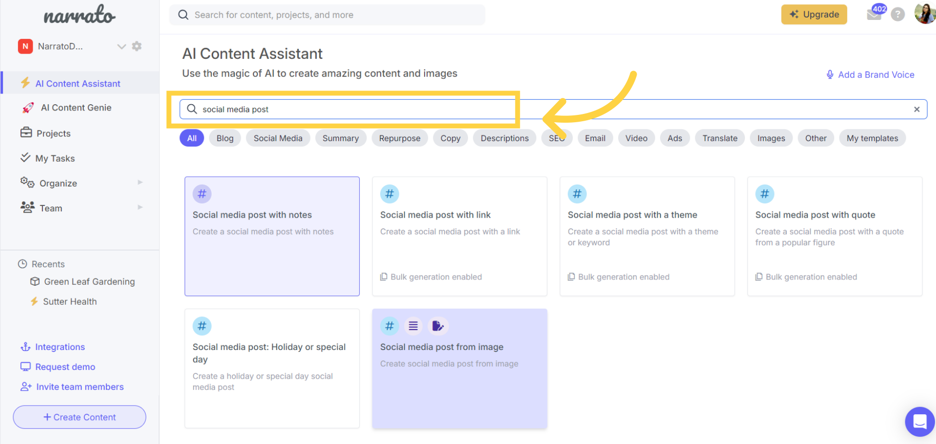 Searching for AI templates from the search bar
