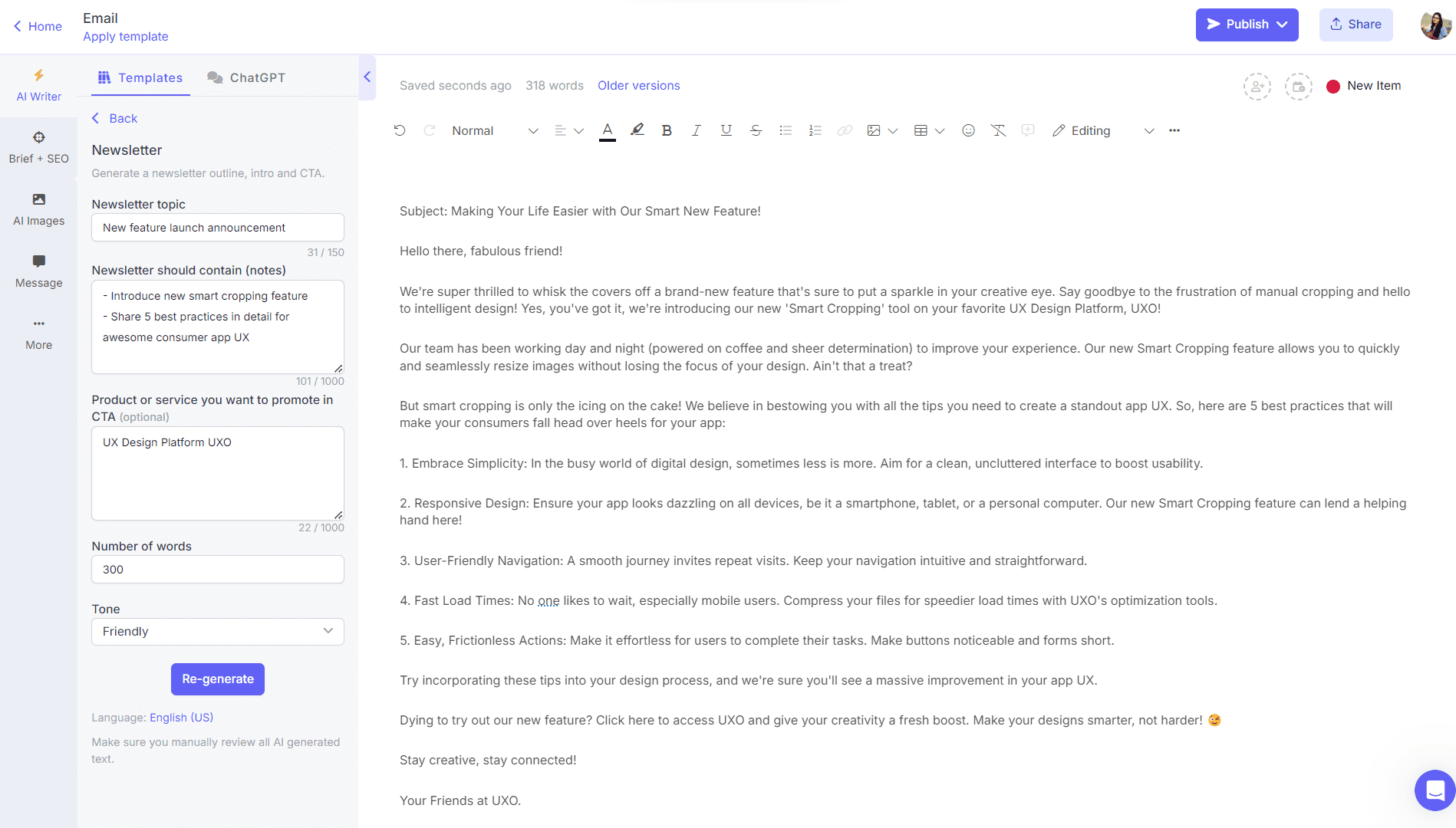 AI newsletter generator output on Narrato