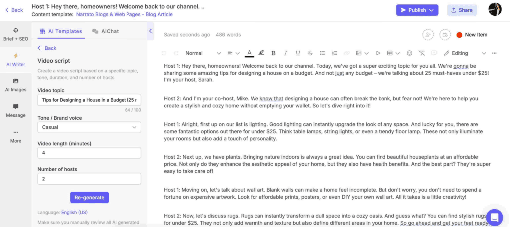 Narrato AI video script generator