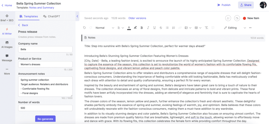 Narrato AI press release generator