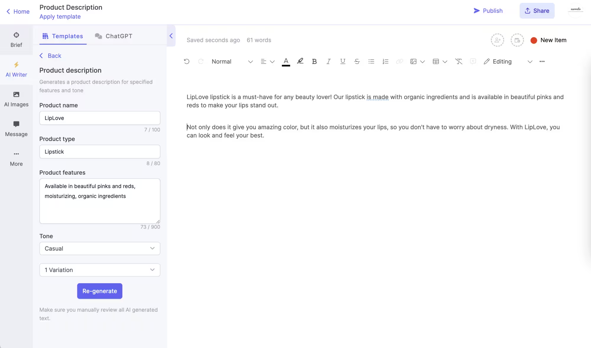 AI for sales content creation - product descriptions