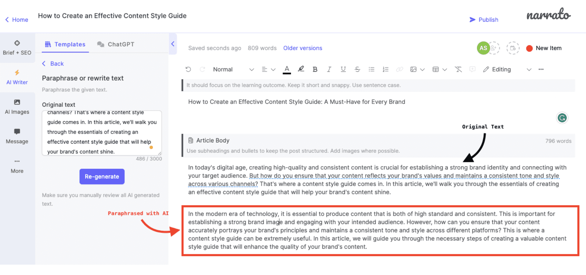 Narrato's AI paraphrasing tool in action