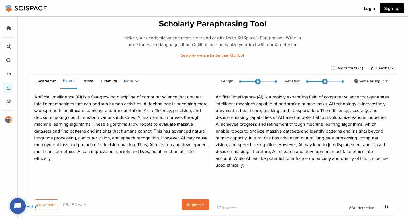 SciSpace AI paraphrasing tool