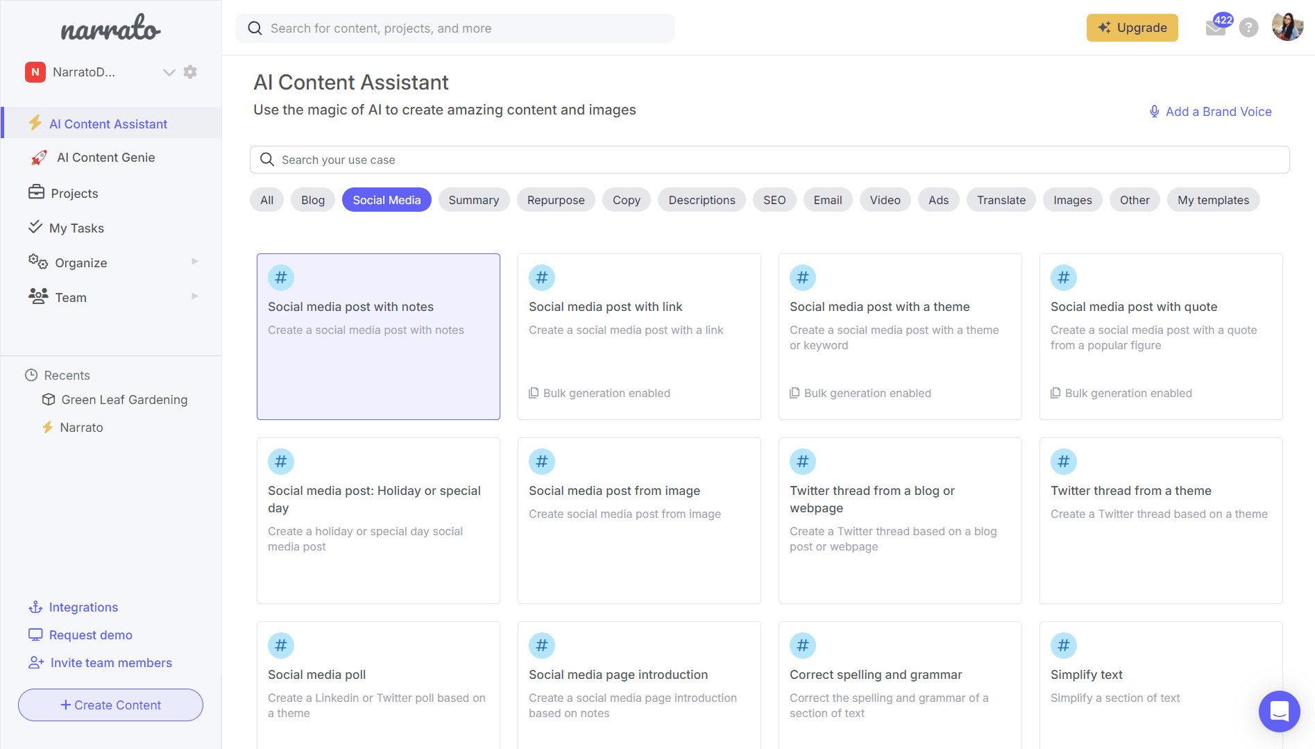AI social media post generators on Narrato