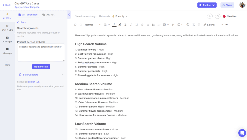 Narrato AI keyword generator tool