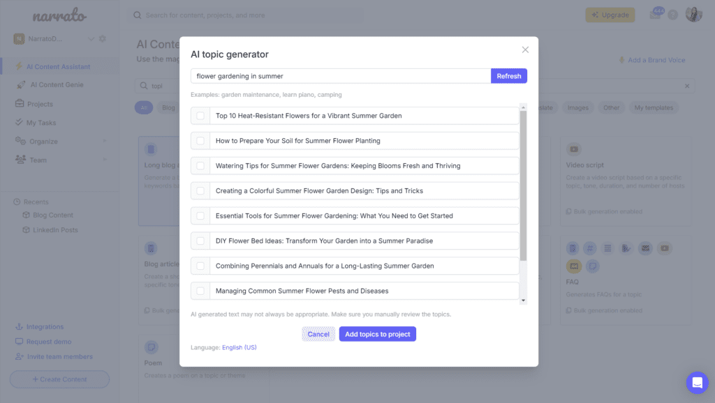Narrato's AI content ideas generator