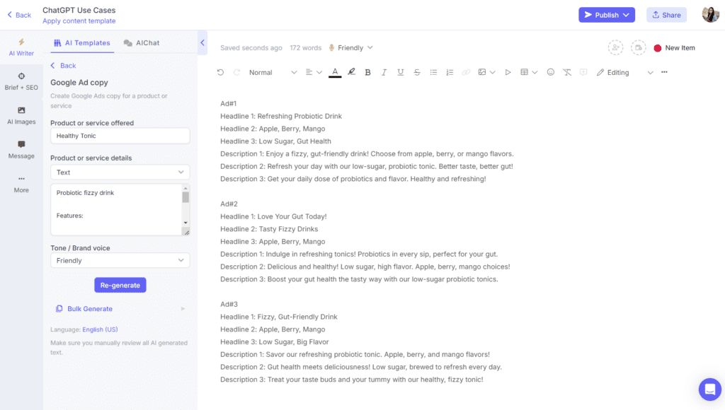 AI ad copy generator on Narrato