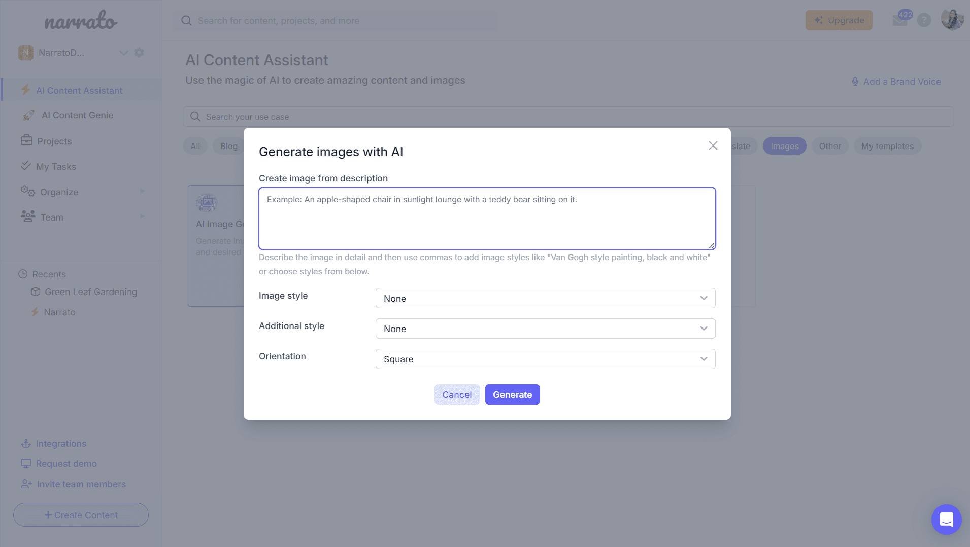 AI image generator inputs and styles on Narrato
