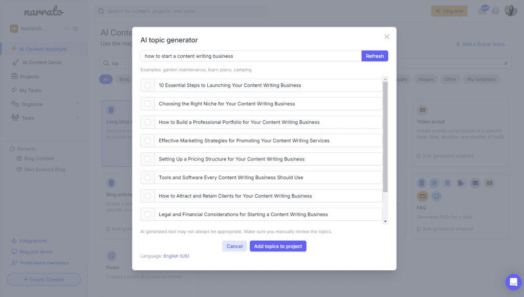 AI blog writer - Narrato AI Topic Generator