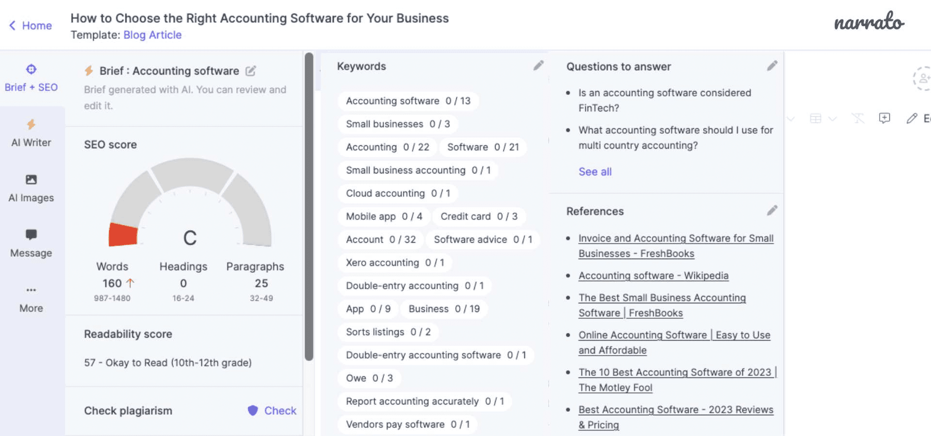 SEO content brief with AI keyword generator on Narrato