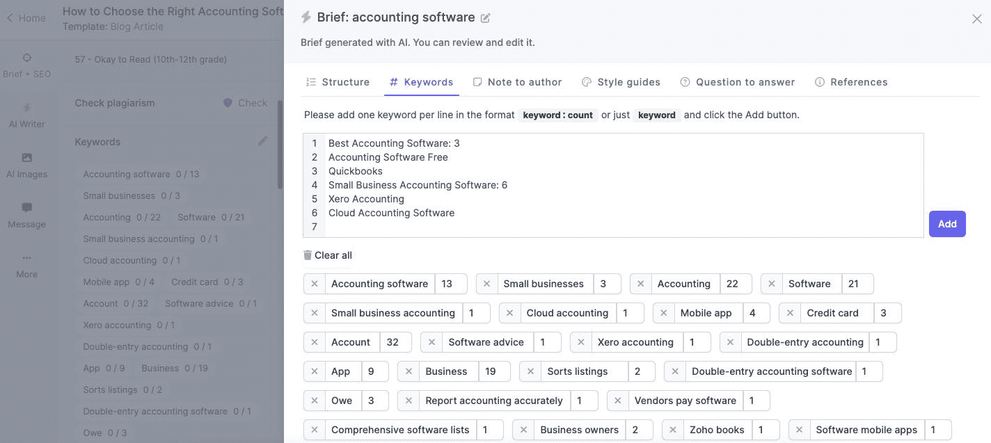 SEO content brief with AI keyword generator on Narrato