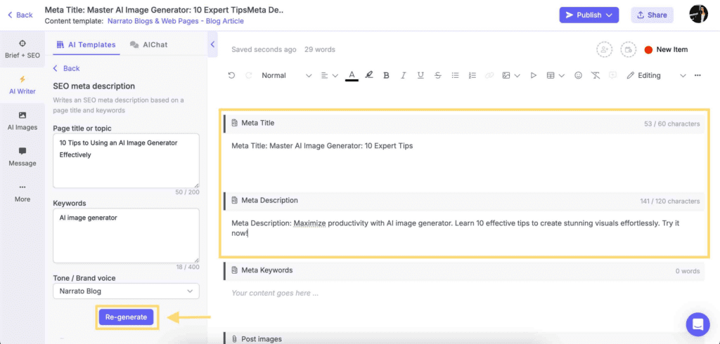 Narrato AI SEO meta description and title generator