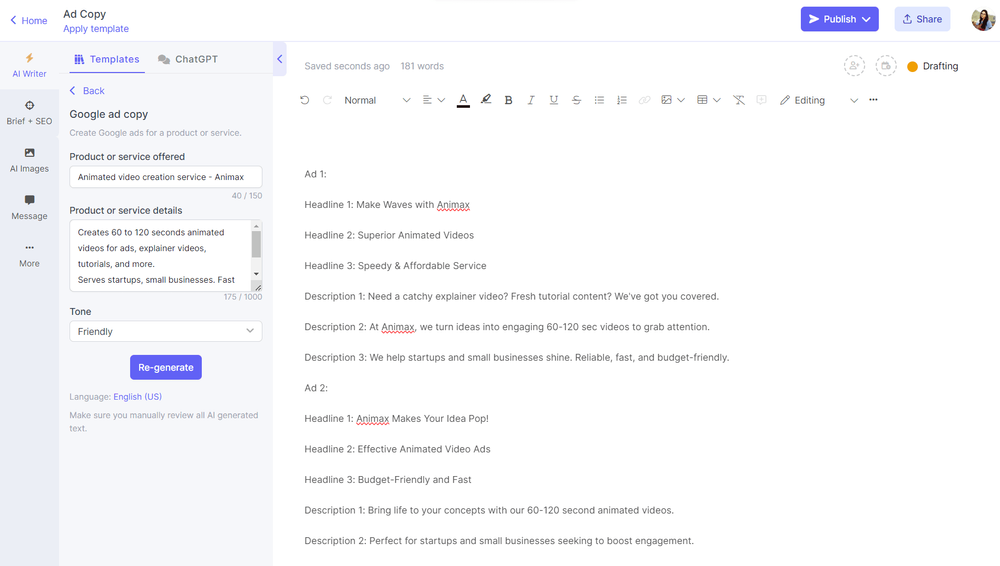 AI for copywriting - ad copy