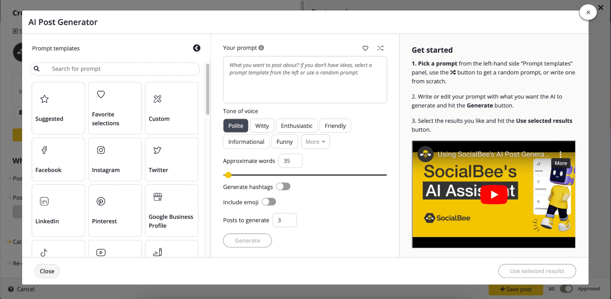 AI social media post generators on Socialbee