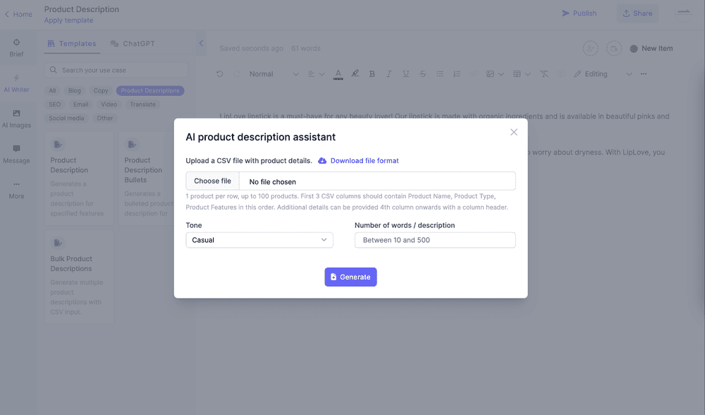 Narrato bulk product description generator