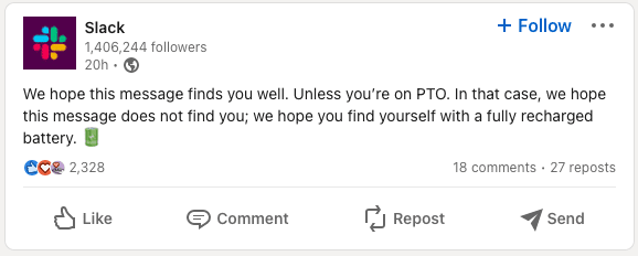 Slack LinkedIn post