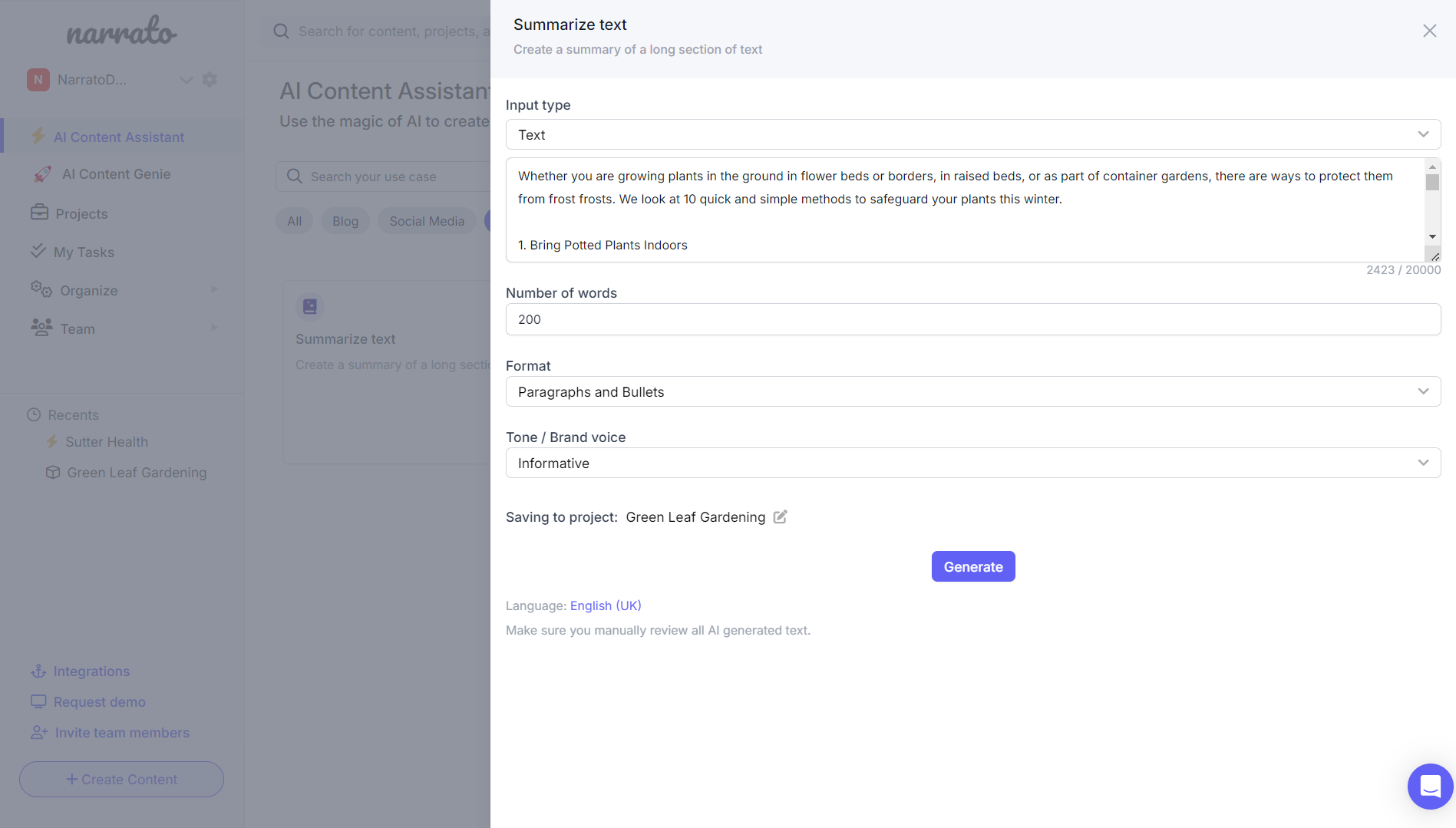 AI text summarizer on Narrato