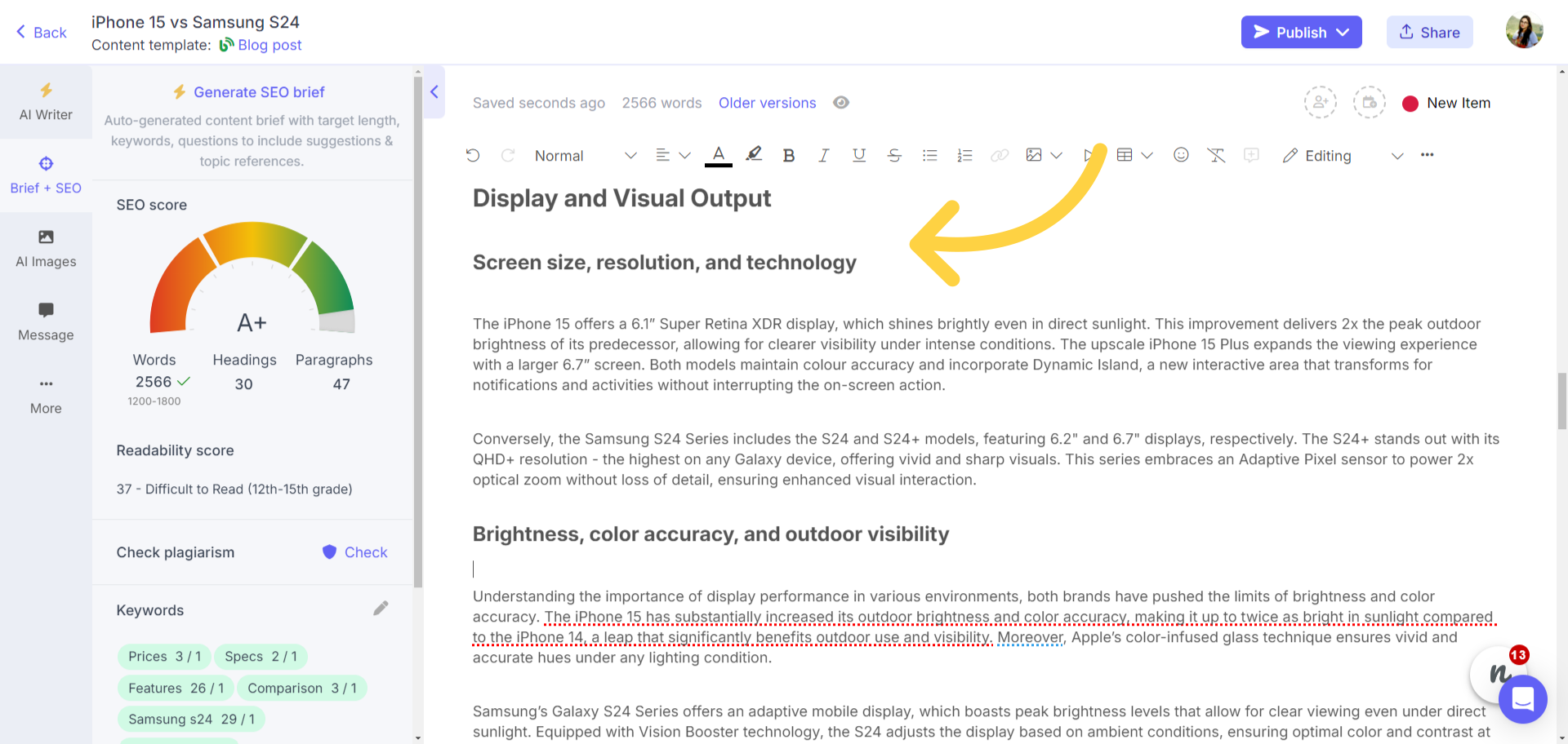 Product comparison articles generated by AI on Narrato
