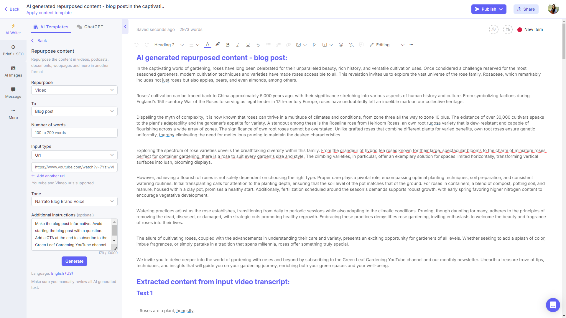 AI content repurposing tools on Narrato - Video to blog post
