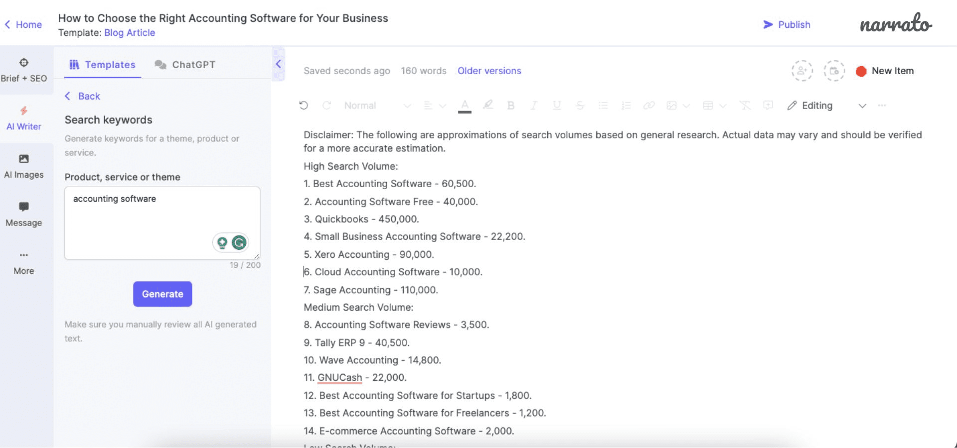 Narrato AI keyword generator