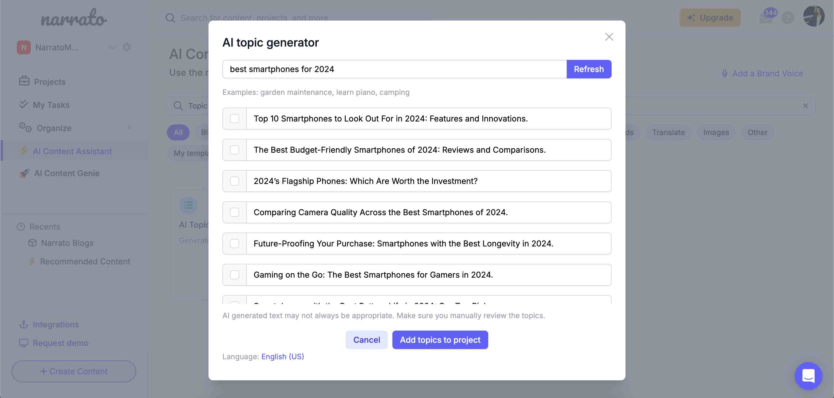 Narrato AI topic generator