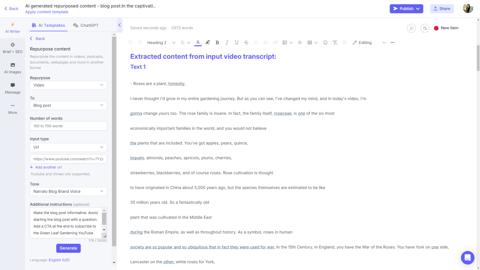 AI content repurposing tools on Narrato - Video to blog post