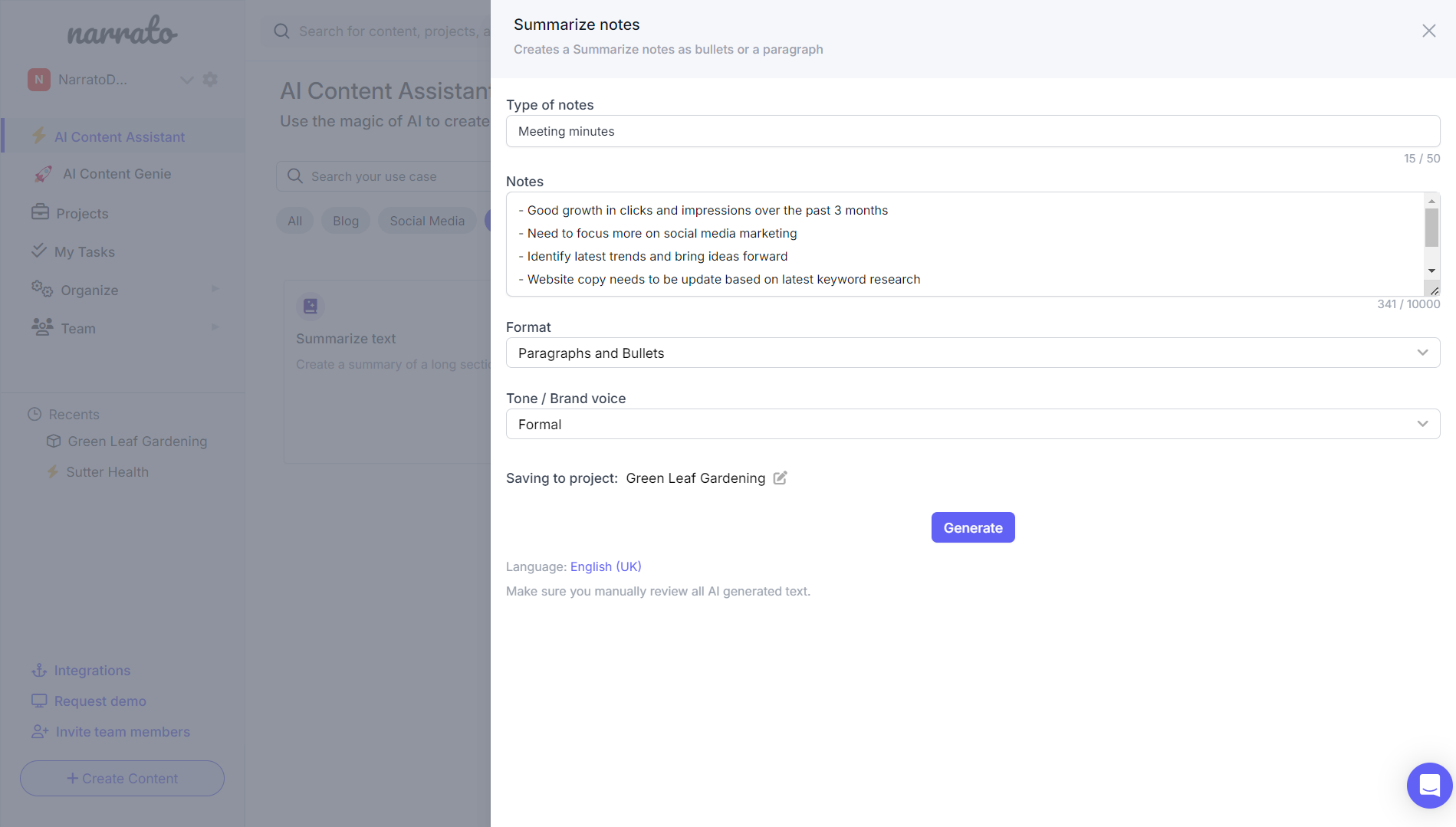 AI text summarizer on Narrato