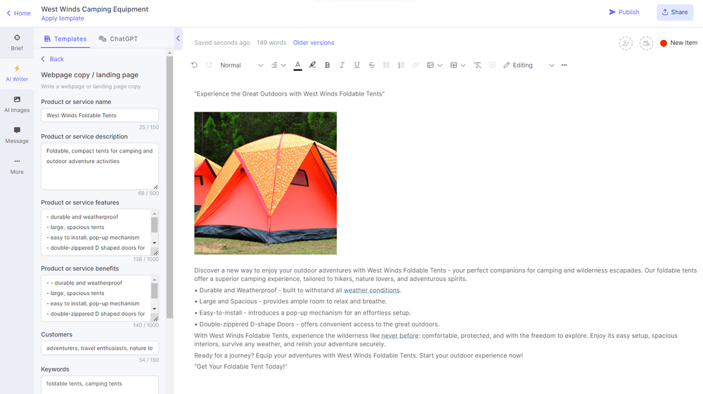 AI landing page generator on Narrato