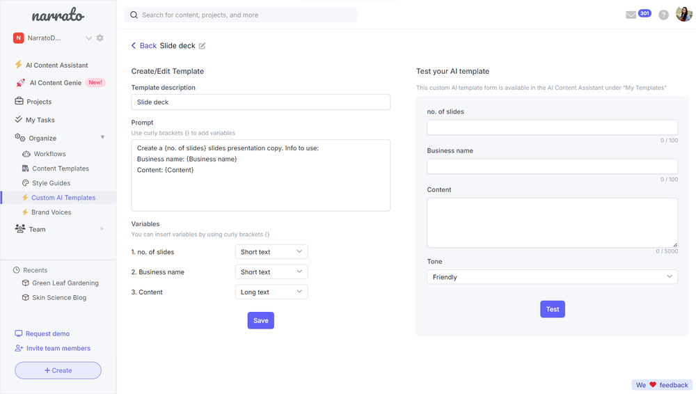 Create custom AI templates on Narrato