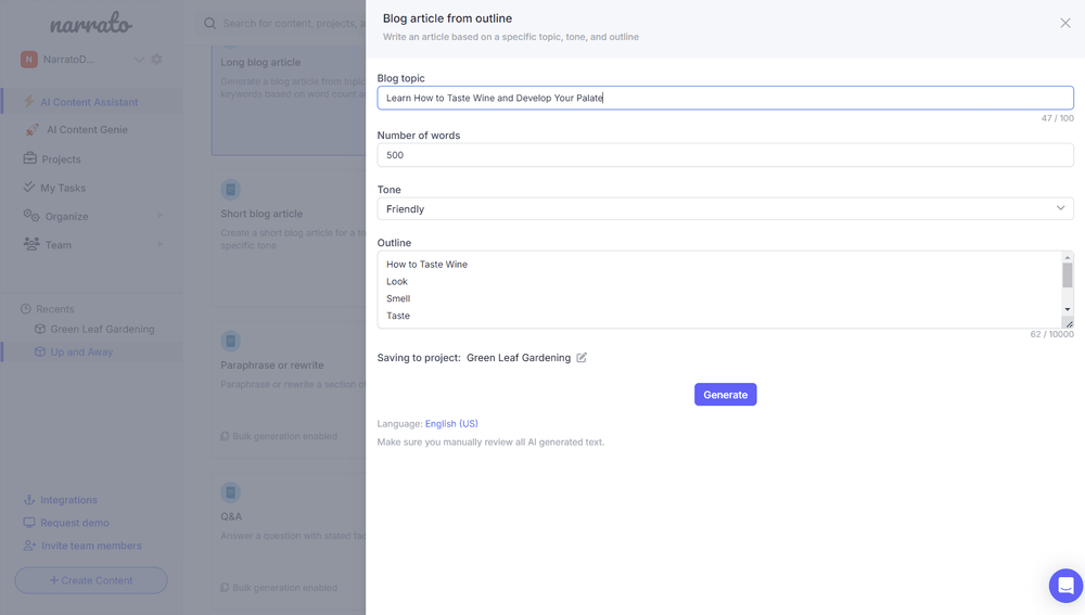AI article generator from outline on Narrato