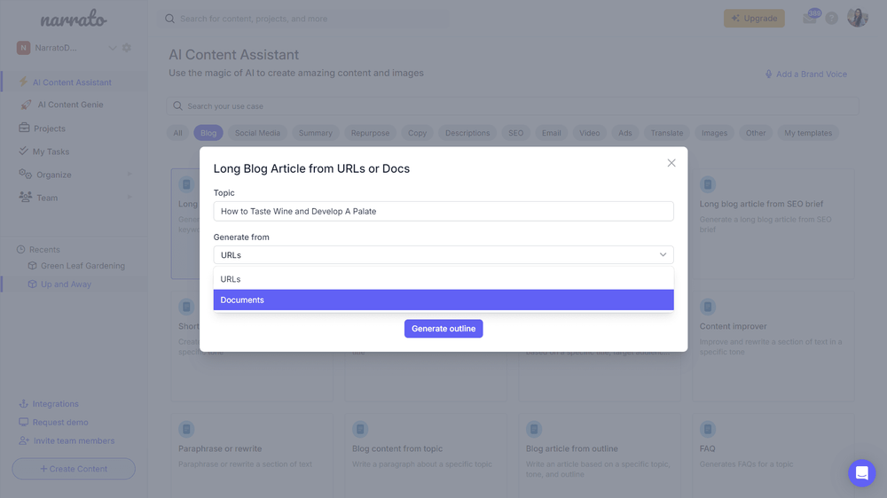 AI article generator from URLs and docs on Narrato