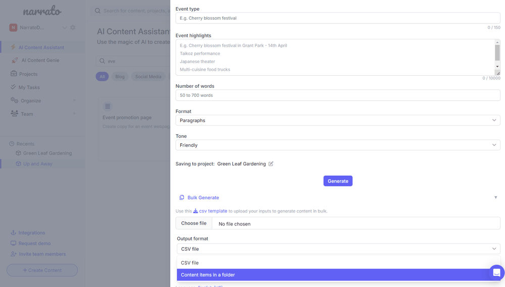 Bulk generate event descriptions on Narrato