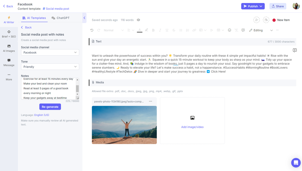 AI Facebook post generator from notes on Narrato